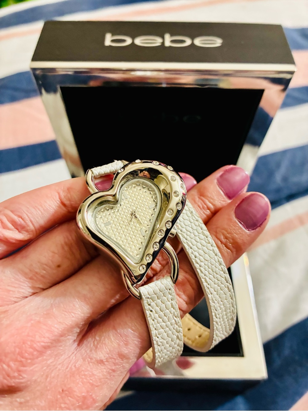 bebe Silver Heart-Shaped Watch with White Textured Strap and Crystals